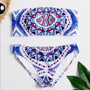 Sexy new boho tribal blue white pink black strapless bandeau bikini small